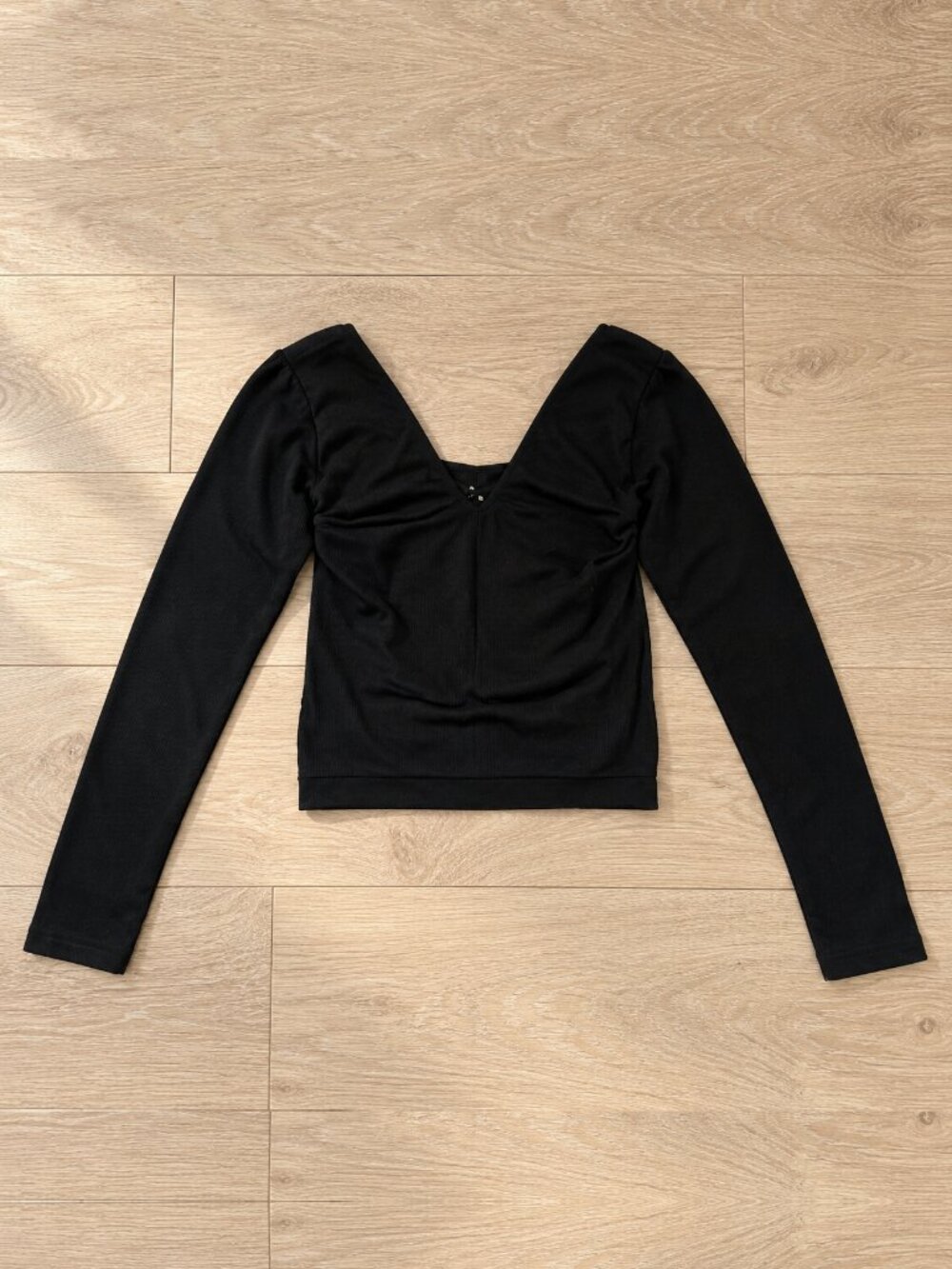 A New Day Black Ribbed Long Sleeve Top XS Ruched V Neck Fitted Stretchy Basic